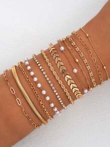 Conjunto de 12 piezas/6 piezas de pulseras superpuestas con diseño de corazón hueco de perlas falsas elegantes, joyería de moda para niñas, apropiado para uso diario en verano