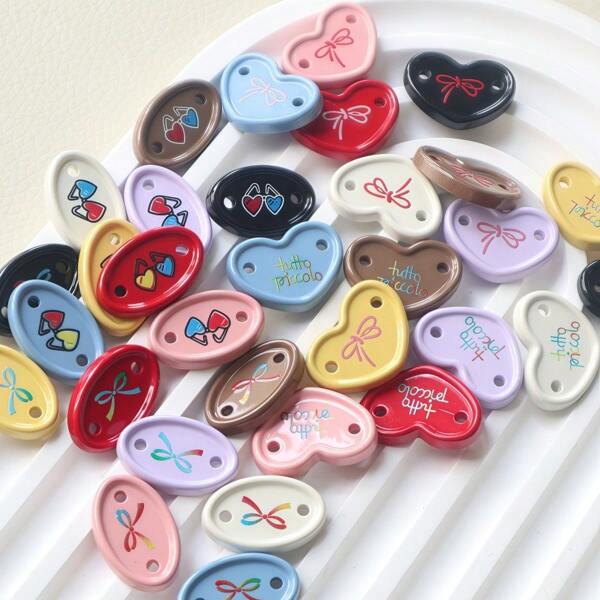 10/20pcs Colorful Heart, Oval, Bow Print, Letter Double Hole Garment Label Buttons Decorations For Sweater, Scarf, Socks, Knitted Wear, DIY Accessory Fasteners