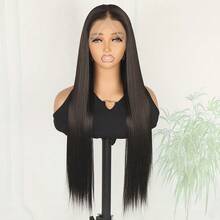 Long Silky Straight Natural Black Color Hair Glueless Full Lace Wigs High Ponytail Can Anywhere Part Heat Resistant Fiber For Fashion Women Girls Daily Party Use Replacement Wig Ready To Wear 26 Inch 180% Density HD Lace Free Part - 黑色 - 查看 3