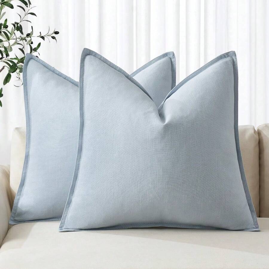 Local Delivery- Decorative Linen Pillow Covers 18x18 Inch Natural Beige Boho Farmhouse Neutral Couch Throw Pillows For Bed Pack Of 2 Accent Outdoor Pillowcase Modern Sofa Cushion Livingroom Home Decor - Light Blue - 查看 1