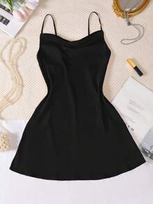 全新黑色仿丝性感内衣，丝质缎面垂坠领口吊带内衣裙，飘逸背部设计，好评如潮 - 黑色 - 查看 5