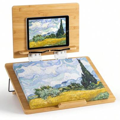 Folding Bamboo Tabletop Easel, 19.7" X 14.2" Base And 15.4" X 11" Adjustable Upper Board, Portable Desktop Arts & Crafts Easels For Drawing, Painting, Sketching, And Tablet Stand