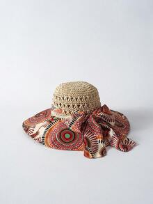 Tropiscape 时尚女士遮阳帽，适合户外活动、旅行或海滩，1顶装，2024新款宽檐草帽，有效遮挡阳光，防紫外线，是日常生活、海滩、秋季、圣诞节、冬季等场合的浪漫礼物之选。 - 布料草拼接遮陽帽 - 查看 5