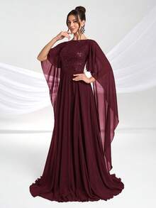 YISIKADO Women's Elegant Sequin Chiffon Asymmetrical Sleeve Party Evening Dress