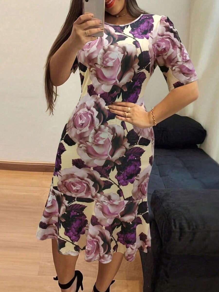 Đầm nữ kiểu retro in hoa, xếp ly ở gấu, chất liệu vải dệt kim mùa hè, cổ tròn, pha polyester spandex. - Màu tím - Xem 1
