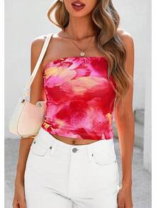 Tops tubo sin tirantes para mujeres, tops cortos con diseño floral de malla estilo Y2K para atuendos de salida en verano 2025 - Rosa Fucsia - Ver 3