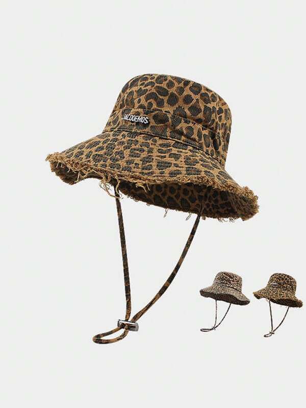 1pc Women Leopard Print Bucket Hat, Casual Street Vintage Washed Leopard Bucket Hat With String For Men & Women, All Season Outdoor Sun Protection Cap Suitable For Travel