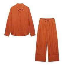Seelio Spring/Summer New Arrival Lightweight Linen Shirt And Wide Leg Pants Set For Women - Orange - View 7