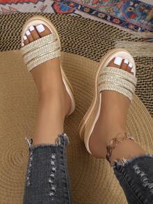 Fashionable Thick Sole Platform Wedge Women's Sandals, Woven Slip-On Ladies Casual Outdoor Slippers - Beige - View 2