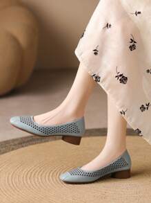 Women Beige High Heel Pumps/Chunky Heel Hollow Breathable Square Toe Slip-On Shoes, Fashion And Elegant