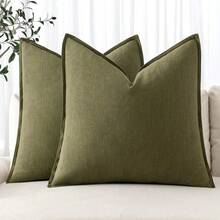 Local Delivery- Decorative Linen Pillow Covers 18x18 Inch Natural Beige ​Boho Farmhouse​ ​Neutral Couch Throw Pillows For Bed Pack Of 2 Accent Outdoor Pillowcase Modern Sofa Cushion Livingroom Home Decor - 橄欖綠 - 查看 1