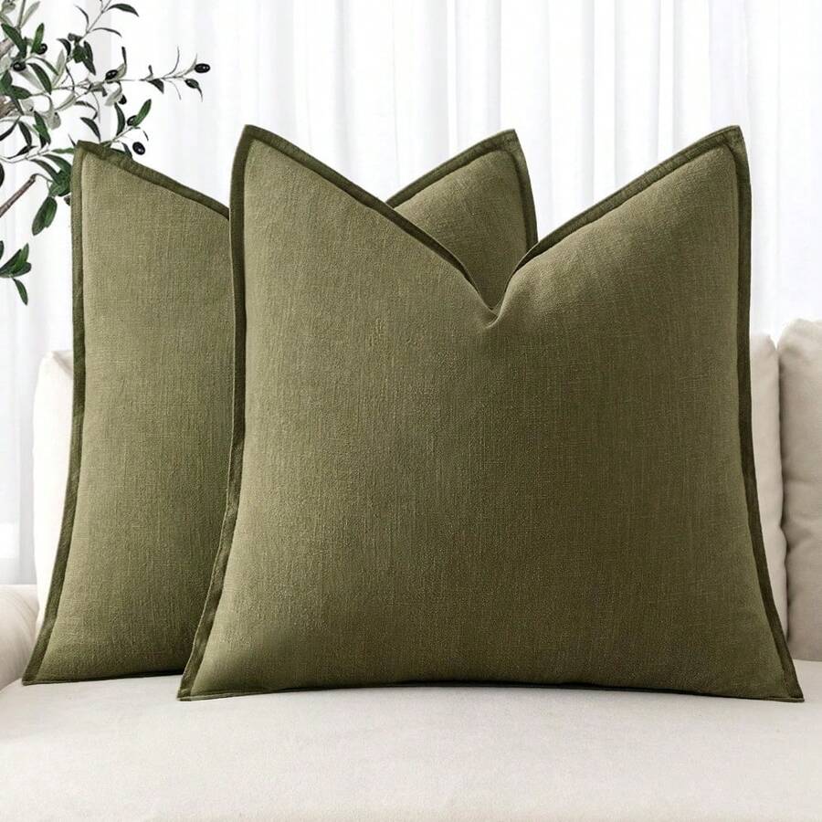 Local Delivery- Decorative Linen Pillow Covers 18x18 Inch Natural Beige Boho Farmhouse Neutral Couch Throw Pillows For Bed Pack Of 2 Accent Outdoor Pillowcase Modern Sofa Cushion Livingroom Home Decor - 橄欖綠 - 查看 1