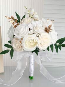 1pc Gorgeous Color Block Design Wedding Bouquet, Bride/Bridesmaid Handheld Flower, Roses With Ribbons & Lace Valentine's Day Accessories - White - View 14