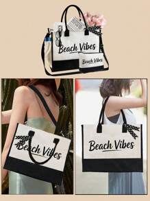 Bolso de mano y bolso, bolso de hombro, impreso con las letras "Beach Vibes", bolso de tarjetas, bolso de tela versátil y portátil para maestros, bolsa de tela para apreciar a los maestros, regalo para mujeres, bolso de almacenamiento casual y portátil, bolsa de compras multifuncional