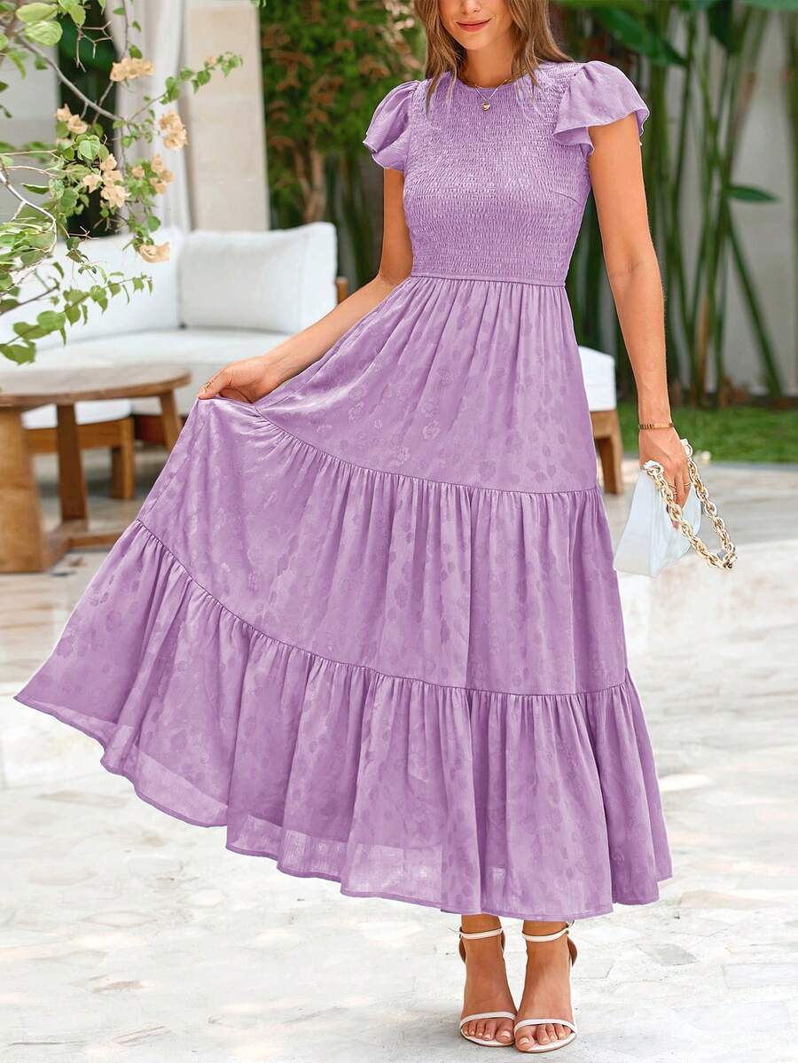 Women's Summer Elegant Dress Floral Cap Sleeves Ruched Ruffles A-Line Long Flowy Boho Dress Cocktail Wedding Guest Gown Vacatio Vestidos Elegantes De Mujer Purple Dresses For Women - 淺紫色 - 查看 1