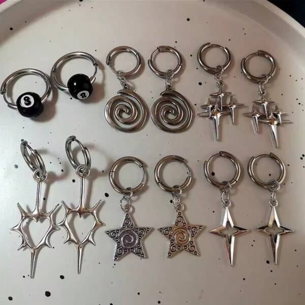 2pcs Punk Stainless Steel Spiral Vortex Star Earrings Cool Charms Black 8 Hoop Earrings Women Men Goth Y2K Accessories Grunge Jewelry