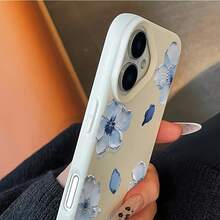 Flower 1pc White Leather Pattern Blue Floral Design Phone Case, Personalized Compatible With Iphone 16 Pro Max, 15, 14 Plus, 13, 12, 11, Protective Cover Waterproof Shockproof Anti-Fall Scratch Resistant - Multicolor - View 3