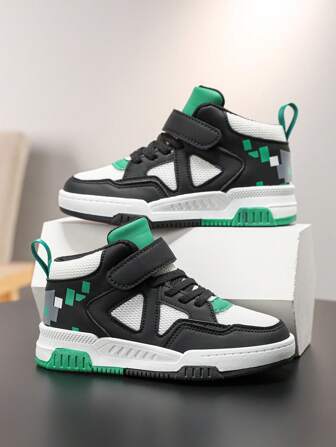 1 Pair Kids Unisex Fashionable Mesh & Leather Splice Waterproof Platform Mid-Top Casual Sports Shoes, Versatile For All Seasons