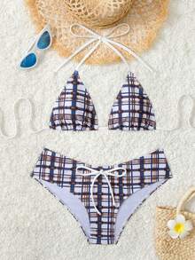Women Beach Summer Holiday Plaid Print Bikini Set With White Bowknot, Swim Trunks - Multicolor - View 2