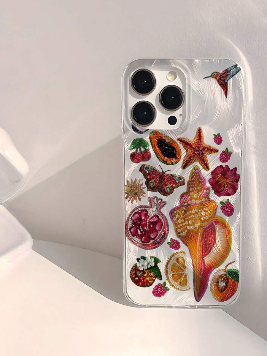 1pc Beaded Heart, Pomegranate, Star & Flower Element Printed Waterproof, Fingerprint Proof, Scratch-Resistant Smooth Soft Glossy Transparent Phone Case - Multicolor - View 1