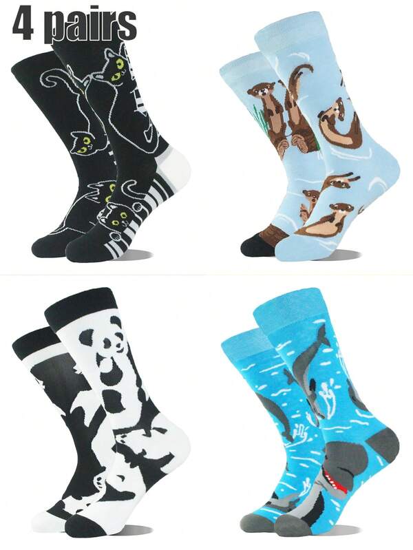 4 paires de chaussettes d'équipage unisexes avec motifs d'animaux de bande dessinée, tissu chaud et respirant, chaussettes décontractées et pour hommes et femmes, chaussures confortables, tissu chaud, automne