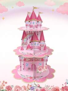 一套粉色公主城堡纸质蛋糕架，纸质纸杯蛋糕和甜点展示架，甜点架，粉色生日蛋糕装饰，公主主题生日派对纸杯蛋糕展示架，一周岁生日派对餐桌中心装饰品，粉色公主主题生日派对餐桌装饰，婴儿派对装饰，性别揭晓派对装饰，婚礼装饰，粉色节日生日派对用品 - 粉紅色城堡 - 查看 1