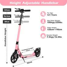 Kick Scooter, 200mm Big Wheels Scooter For Adults With Disc Brakes, Adult Scooters With Carry Strap And Double Shock Absorption, Foldable Scooters - Pink - View 3