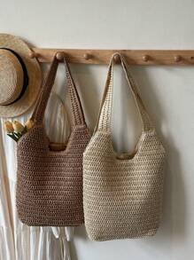 Bolso de playa trenzado de gran capacidad, bolso de mano y monedero de paja de verano, bolso bohemio de hombro para mujeres y damas, bolso de viaje