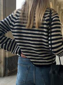 Minimalist Contrast Striped Crew Neck Knit Sweater, Long Sleeve Soft & Cozy Layering Top For Women, Autumn/Winter