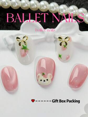 Handmade, Press On Nails Short, Oval False Nails Set - Milk White Solid Color And Pink Cat Eyes With Glossy Finish, Press-On Nails Featuring Cute Pink Strawberry & Hand Drawn Bear Design With Bowknot Accents - Quick Apply Manicure Kit. Press On Nails By Girl Ballet Style. Summer Wears. Transform Your Look With Art Nails. Suitable For Putting In Small Makeup Travel Bag.