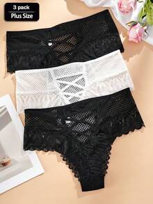 3 Pcs/Set Of Women's Plus Size Panties Lace Splicing Solid Color Hollow Cross Cross Large Size Thongs - Multicolor - View 2