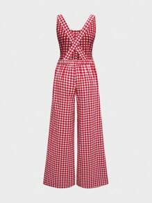 Women's Plaid Pattern Print Sleeveless Front Button Backless Spaghetti Strap Long Leg Wide Leg Casual Tube Jumpsuit, Summer