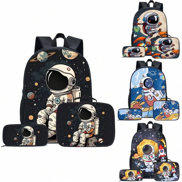 Cute Astronaut Pattern Pen Case, Meal Bag Combination Set, Suitable For All Occasions, Comfortable Adjustable Shoulder Strap, Multi-Functional, Perfect For Play, Perfect Gift, Back-To-School Season