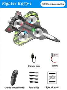 El avión de combate controlado por control remoto K479 ofrece la opción entre un control remoto con mando y un control remoto con sensor de gravedad. Está equipado con un sistema de ascenso/descenso con un solo toque, una función de giro de 360° y una función de vuelo en círculos.