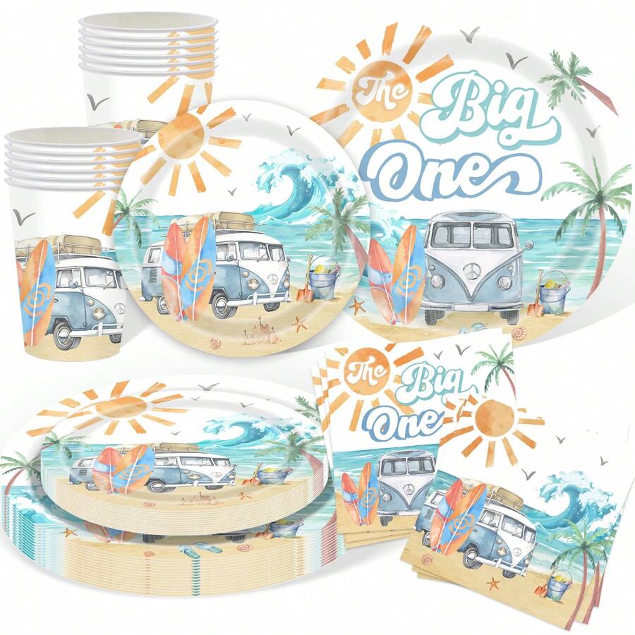 Surf's Up Party Decorations Tableware Surf Birthday Party Supplies, Paper Plate, Cup, Napkin, Summer Hawaiian Beach Wave Surfing Birthday Decorations
