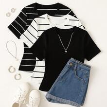 Kit 3 Women's Short Sleeve T-Shirt Blouse Plain And Striped Ribbed Cotton Long Basic - BỘ 3 VÌ LISO - Xem 1