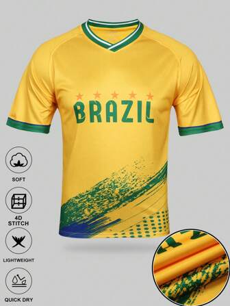 SURUIDA 1pc Brazil Soccer Jersey Yellow Football Shirt, 2025 Copa America V-Neck Top, Moisture Wicking Comfortable Short Sleeve, Classic Digital Printing, Suitable For Summer Matches And Fan Cheering