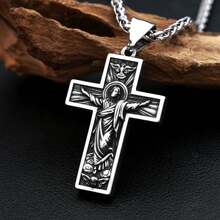 1pc Vintage Stainless Steel Jesus Cross Pendant With 60cm Chain, Suitable For Both Men And Women For Daily Wear