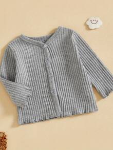 Suéter de manga larga para niñas pequeñas, informal, de color sólido, con botones en la parte delantera, cárdigan de punto para bebés, ropa cálida para niños pequeños - Gris - Ver 6