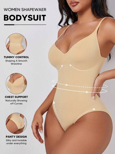 1pc Women Minimalist Tummy Control Bodysuit, Slim Waist, K-POP Suitable For Base Layer Mardi Gras Outfits