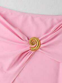 Bộ bikini 3 món màu trơn, đồ bơi buộc dây cổ gợi cảm, đồ bơi xếp nếp dễ thương, bộ bikini phong cách retro cho kỳ nghỉ hè 2025 trên bãi biển, màu hồng. - Hồng - Xem 8