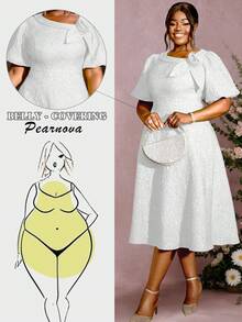 Women Plus Size Rose Jacquard Flared Puff Sleeve A-Line Graduation White Dress, Suitable For Commuting, Elegant Cocktail Semi Formal Prom Dress, For Birthday, Wedding Guest, Graduation, Dinner, Homecoming, Party Dress - 白色 - 查看 1