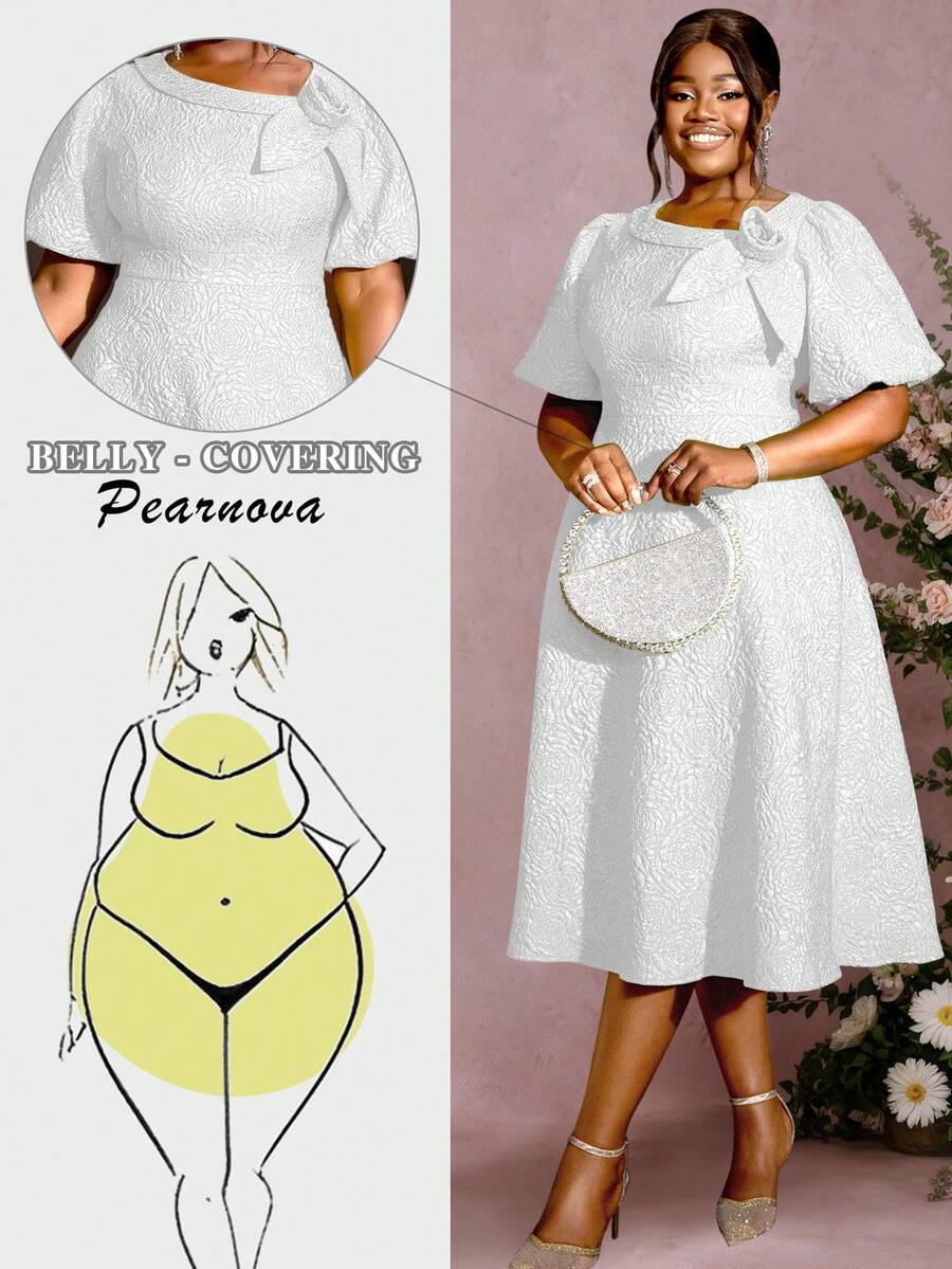 Women Plus Size Rose Jacquard Flared Puff Sleeve A-Line Graduation White Dress, Suitable For Commuting, Elegant Cocktail Semi Formal Prom Dress, For Birthday, Wedding Guest, Graduation, Dinner, Homecoming, Party Dress - 白色 - 查看 1