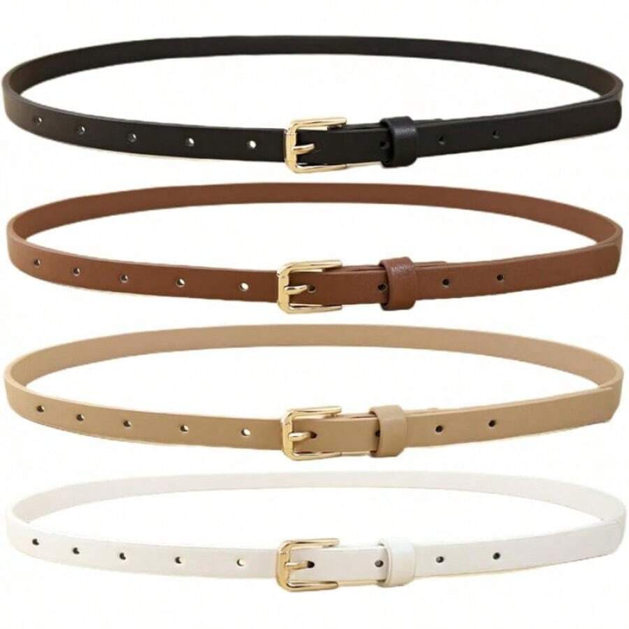 4 Pack Women Belts Jeans Dress Thin Waist Belt Ladies With Gold 0.55 Width, 2025 Style - C_黑色+米色+棕色+白色 - 查看 1