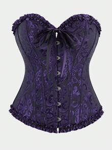 女式花卉提花荷叶边下摆紧身胸衣短款上衣，紧身腰部束腰上衣，适合新年派对、情人节、节日、圣帕特里克节、万圣节服装