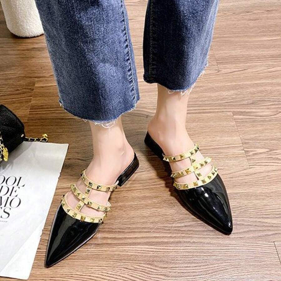 Zapatos remachados zapatillas francesas con punta de laca y media zapatilla en la cabeza, Zapatos de tacón de mujer - Negro - Ver 1