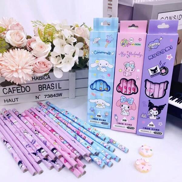 Sanrio Lápis Sanrio 2B com Borracha, Lápis Kuromi com Borracha, Lápis Melody com Borracha, Lápis para Exames de Estudantes [Lápis com apontador de presente], Material Escolar, Volta às Aulas