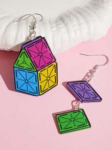 2pcs House Shaped Geometric Acrylic & Metal Dangle Earrings, Fashionable & Cute For Women Party