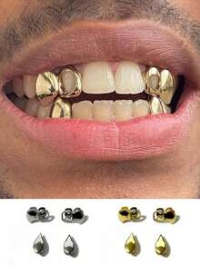 1 Set Smooth Cow Tooth Hollow-Out & Semi-Glossy Grillz, Hip Hop Teeth Jewelry Accessories, Suitable For Men And Women, Daily Wear, DIY, Nightclub, Halloween, Christmas - Multicolor - View 9