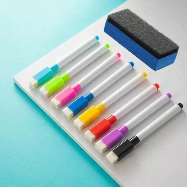 8pcs/Bullet Tip Small Size Erasable Brush With Magnetic Whiteboard Pen Color Plus 1 Whiteboard Eraser, Easy To Erase Graffiti Office, Magnetic Mark, School Supplies,Back To School